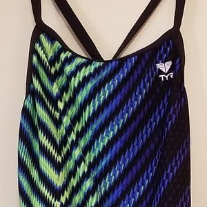 TYR | BLACK BLUE & LIME RACER BACK SWIM SUIT, SZ S